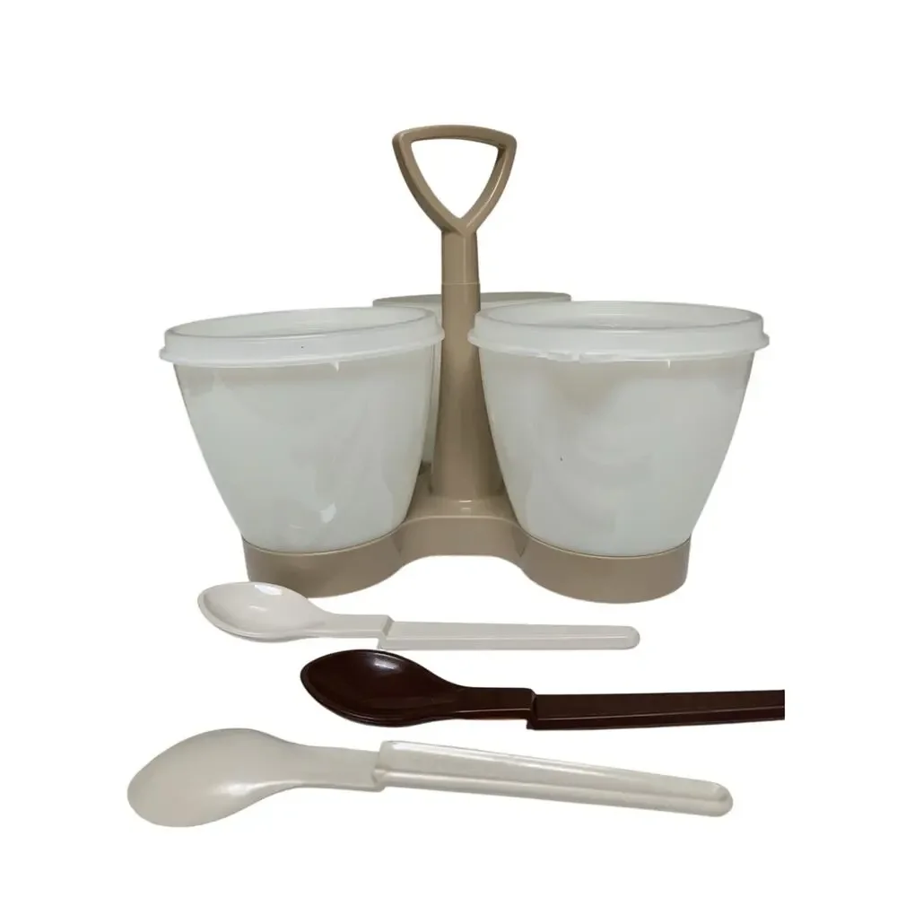 Vintage Tupperware Condiment Caddy Server w/Lids & 3 Spoons That Rest On Bowl